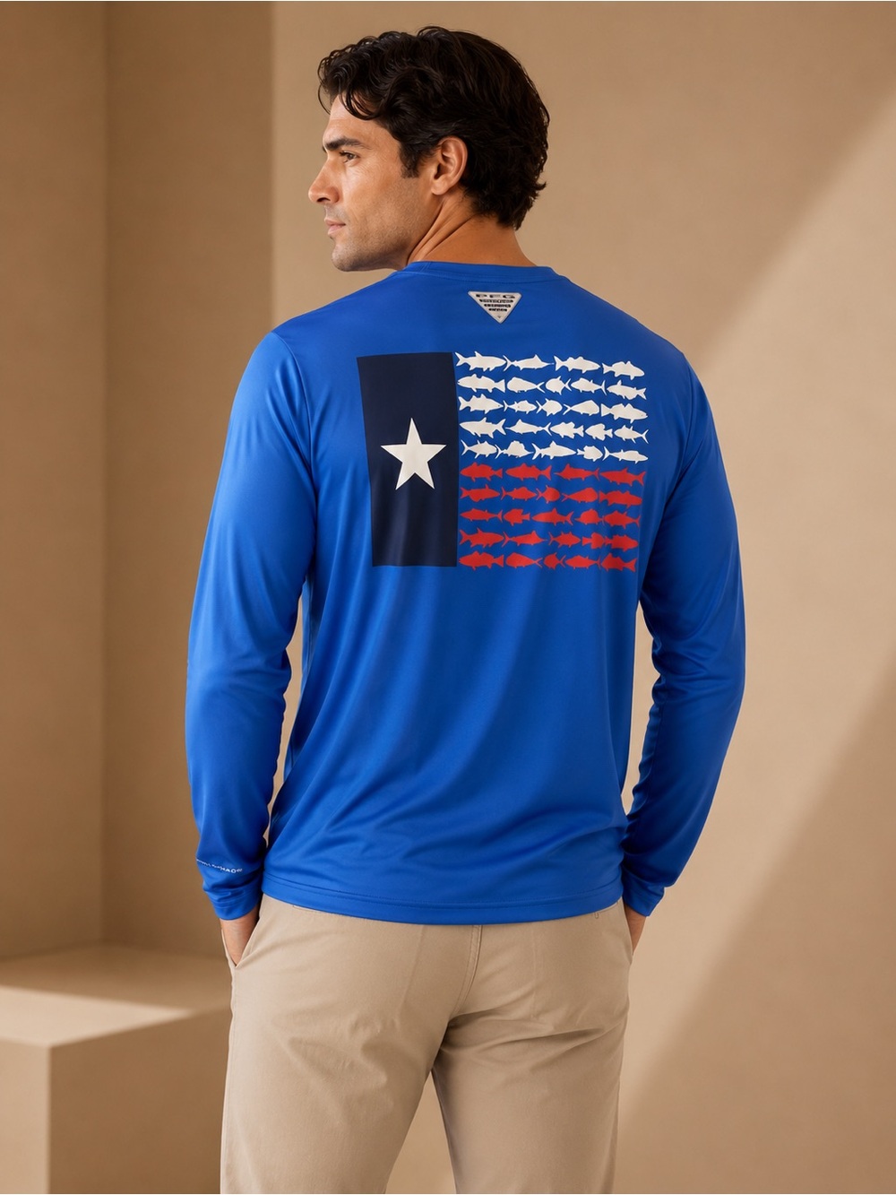 Columbia PFG Blue Texas Fish Flag Long Sleeve Shirt Medium